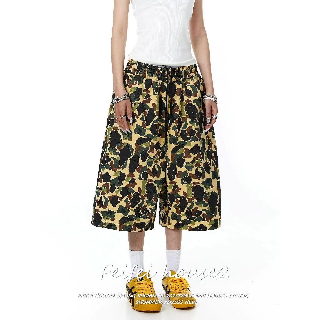 [Feifei-Camouflage cropped pants]กางเกงขากว้างขาสั้นหลวมลายพรางสไตล์อเมริกันลำลองสำหรับผู้หญิง