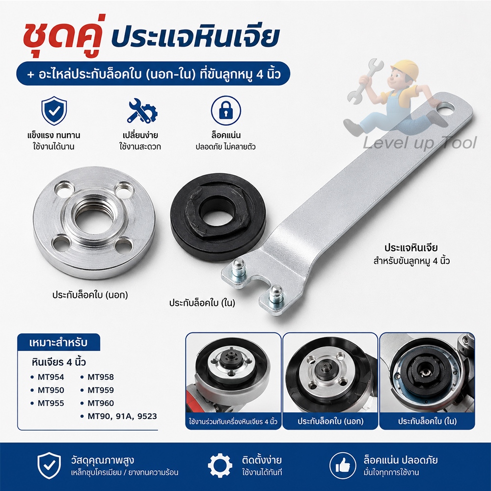 ชุดคู่ ประแจหินเจีย+อะไหล่ประกับล็อคใบ (นอก-ใน) ที่ขันลูกหมู4 นิ้ว Grinding wrench ขันน๊อตล๊อกแผ่นเจียร