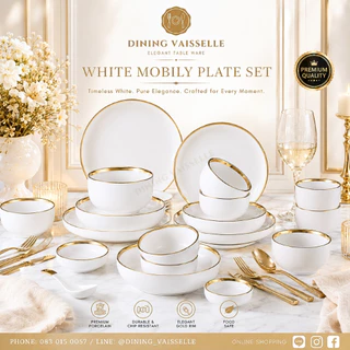 Dining Vaisselle จานชาม White Mobily Plate ขาวขอบทองสุดหรูสไตล์ยุโรป เนื้อหนาออกแบบอย่างดี
