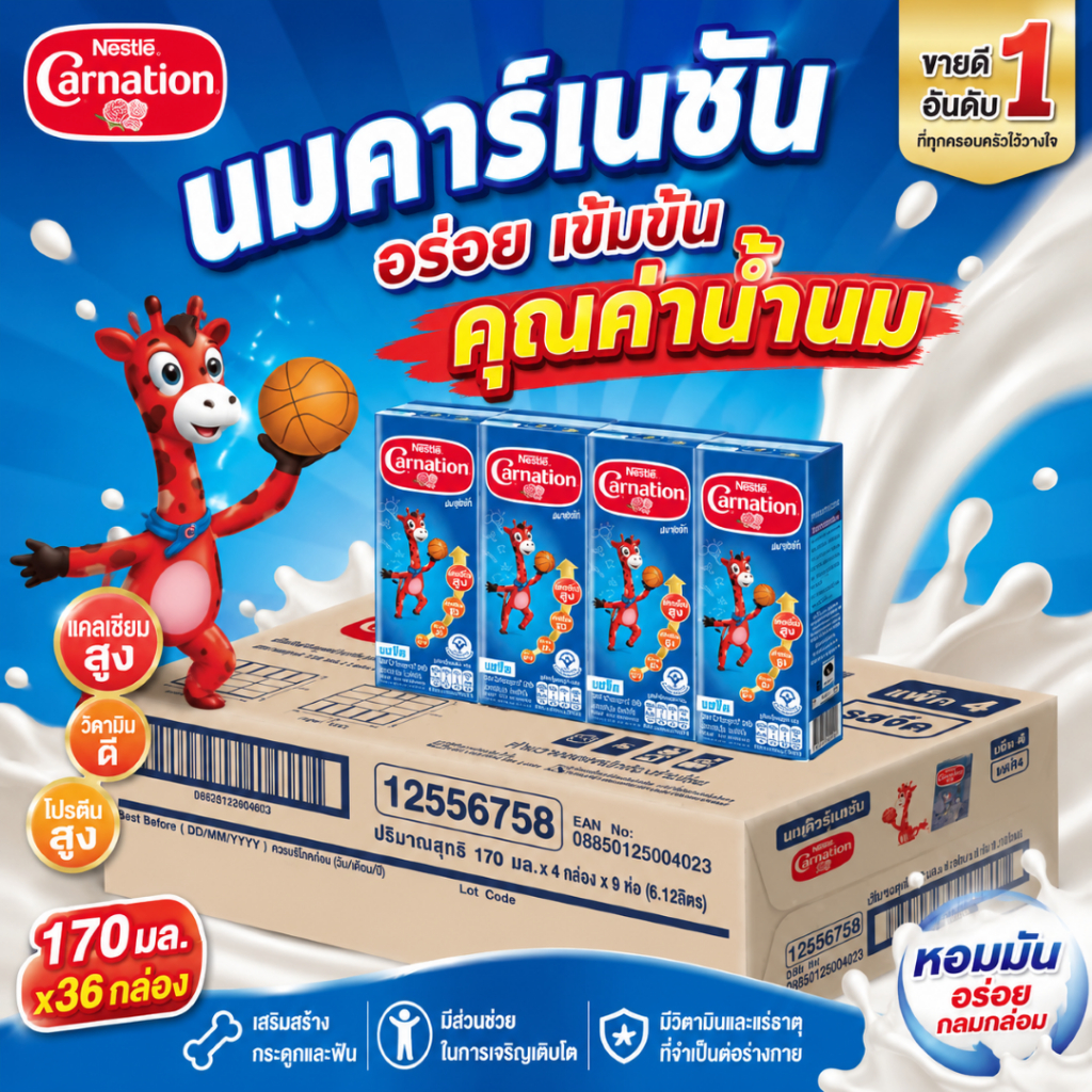 Carnation คาร์เนชั่น สมาร์ทโก นมยูเอชที รสจืด 170 มล. สำหรับเด็ก 1 ปีขึ้นไปและทุกคนในครอบครัว สูตร 3 ยกลัง 36 กล่อง