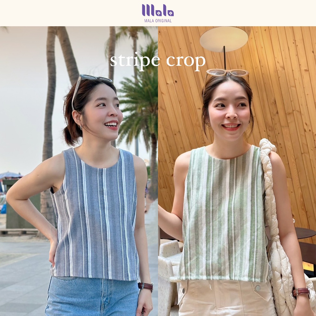 MalaOriginal | Cotton Stripe Crop 🍃 เสื้อครอบ แขนกุด ลายทาง คอตตอนญี่ปุ่น