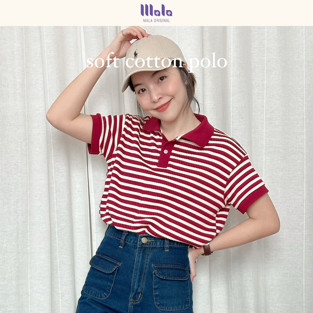 MalaOriginal | Soft Cotton Polo 🧶 เสื้อโปโลครอป แขนสั้น ไม่ต้องรีด ลายทาง