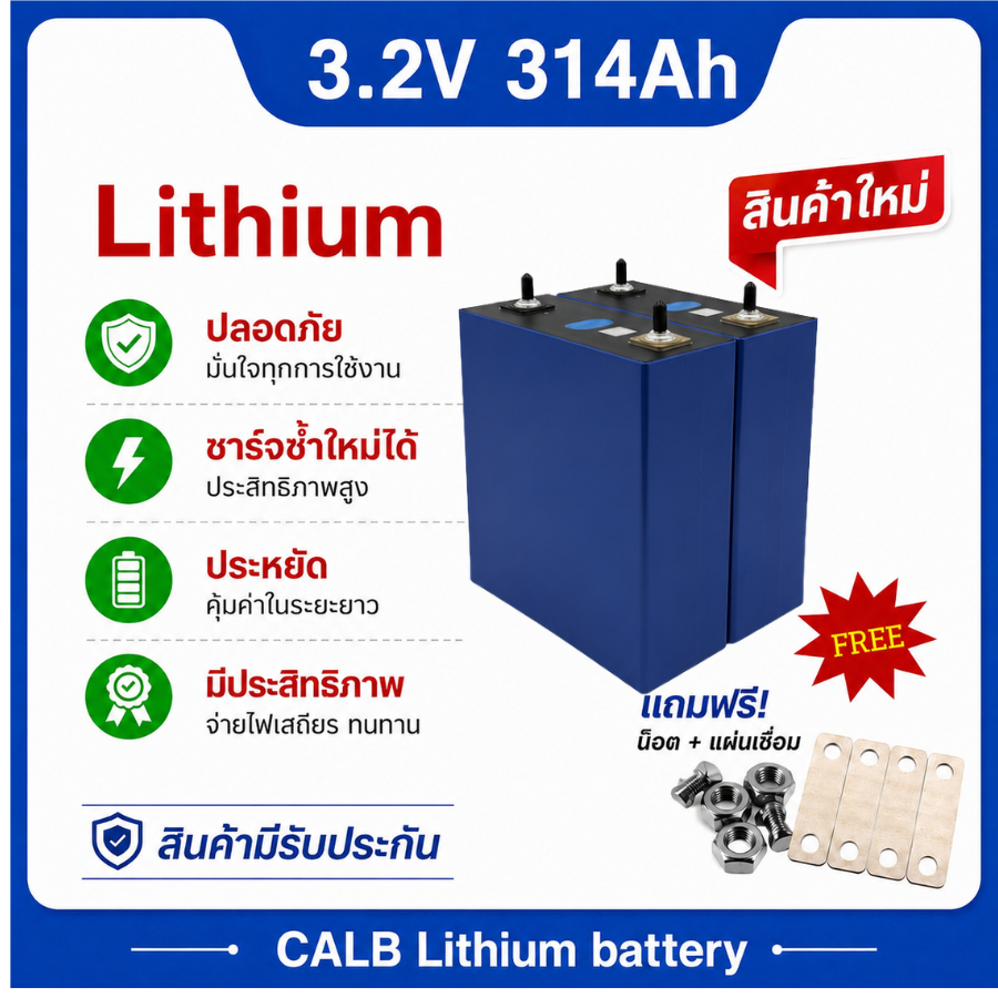 แบตเตอรี่ LiFePO4 3.2V 314Ah เซลล์ลิเธียมฟอสเฟต สำหรับโซลาร์เซลล์ รถไฟฟ้า และระบบกักเก็บพลังงาน