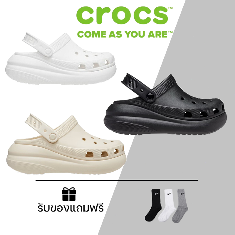 ก้นหนา รองเท้า Crocs Classic Crushed Clogs White/Black/Khaki Women's Sandals รองเท้าแตะ ครอคส์  รองเท้าชายหาด 7 ซม.