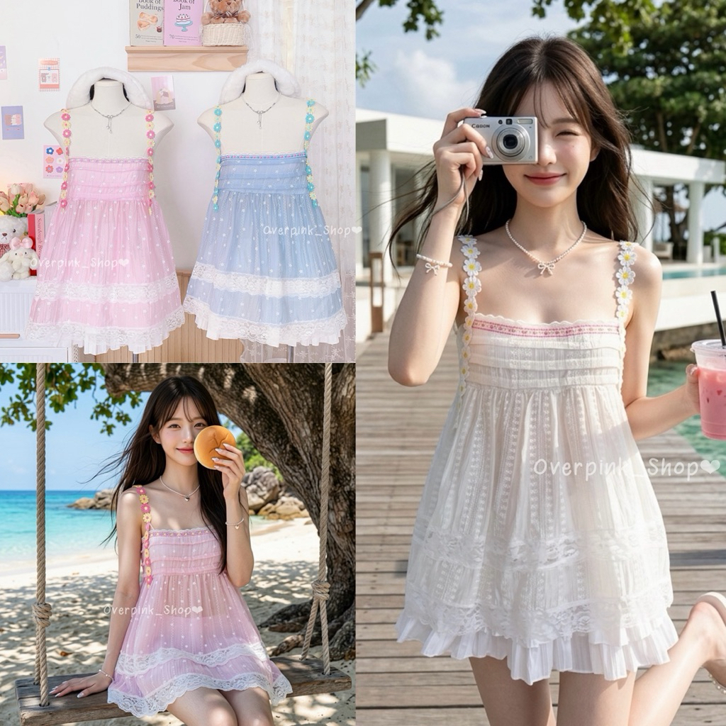 🌸OVP🌸 เสื้อสายเดี่ยวดอกไม้ ผ้าโรซี่(ผ้าบาง) ต่อลูกไม้2แถว เสื้อเที่ยวทะเล