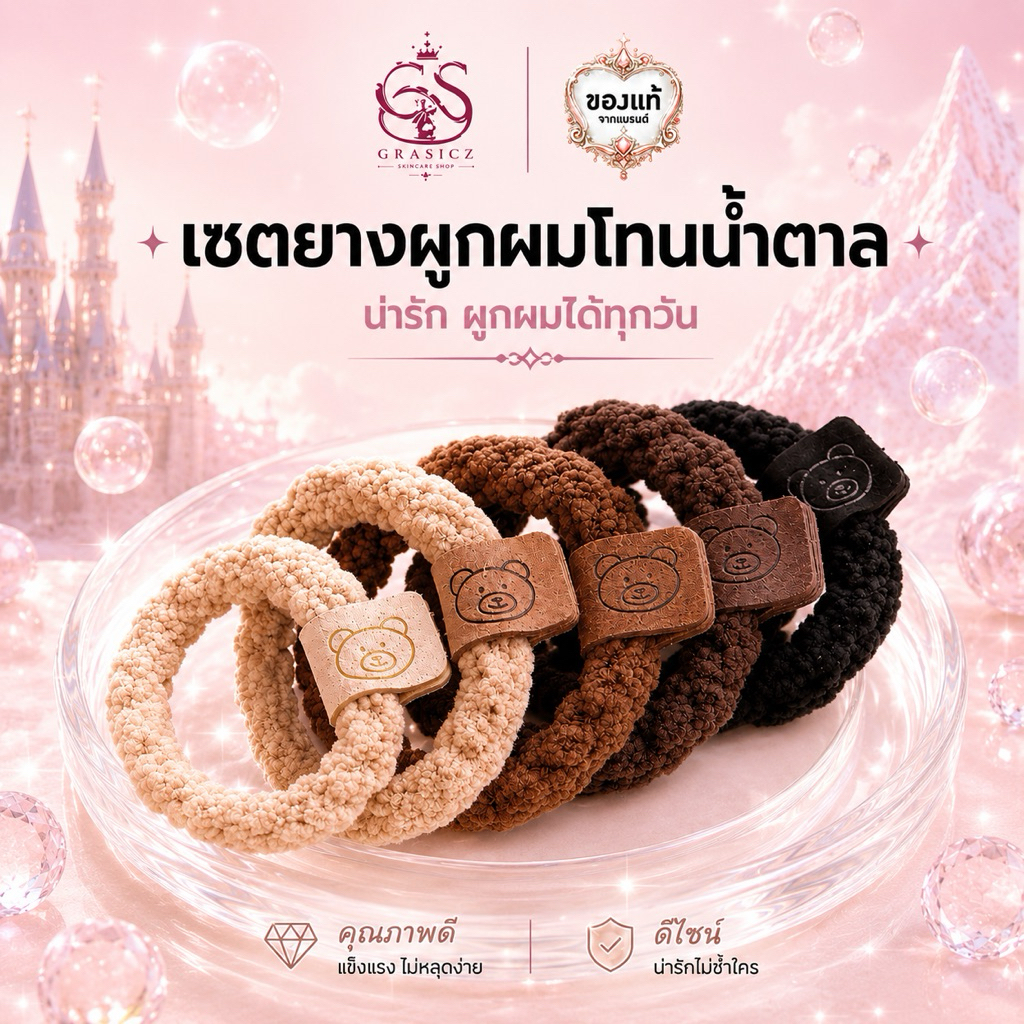 เซตยางผูกผมแฟชั่น โทนสีน้ำตาล ดำ ครีม มีแถบป้ายน่ารัก Handmade