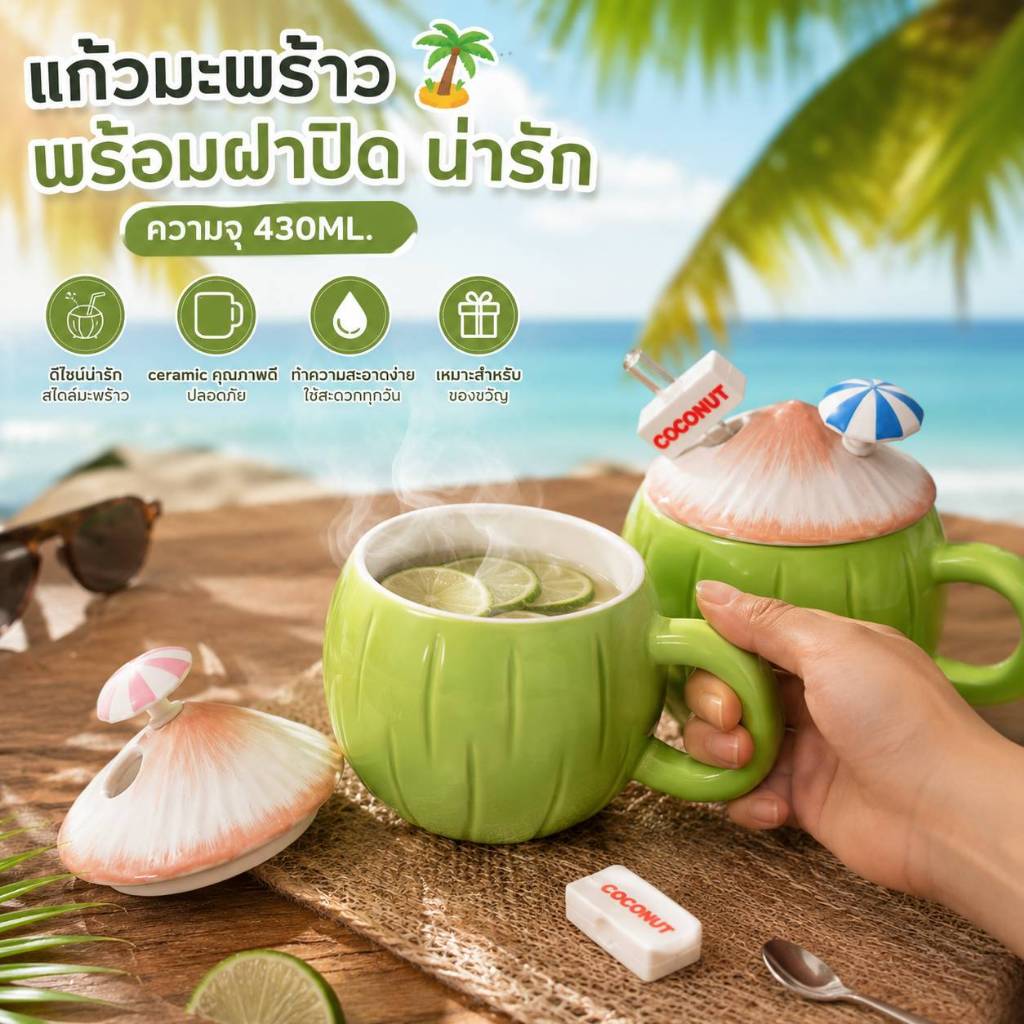 แก้วน้ำมะพร้าว Tropical Mug 430ml พร้อมฝา+หลอด แก้วเซรามิกดีไซน์สร้างสรรค์