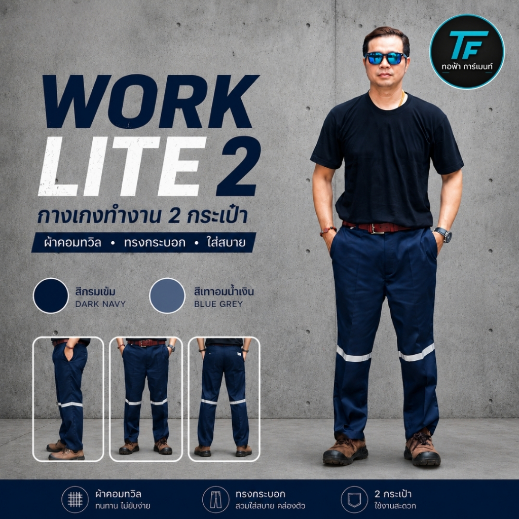 กางเกงช่าง WORK LITE 2 ผ้าคอมทวิว 2 กระเป๋า ใส่สบาย ทรงตรง เลือกแถบสะท้อนแสงได้