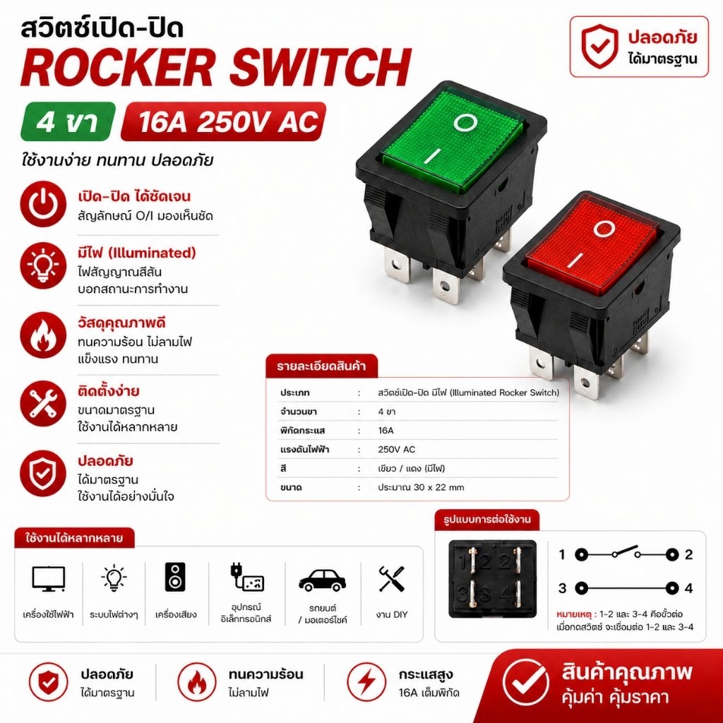 สวิท KCD สวิทไฟตัวเหลี่ยมใหญ่ สีแดง อย่างดี 16A 250VAC 4ขา