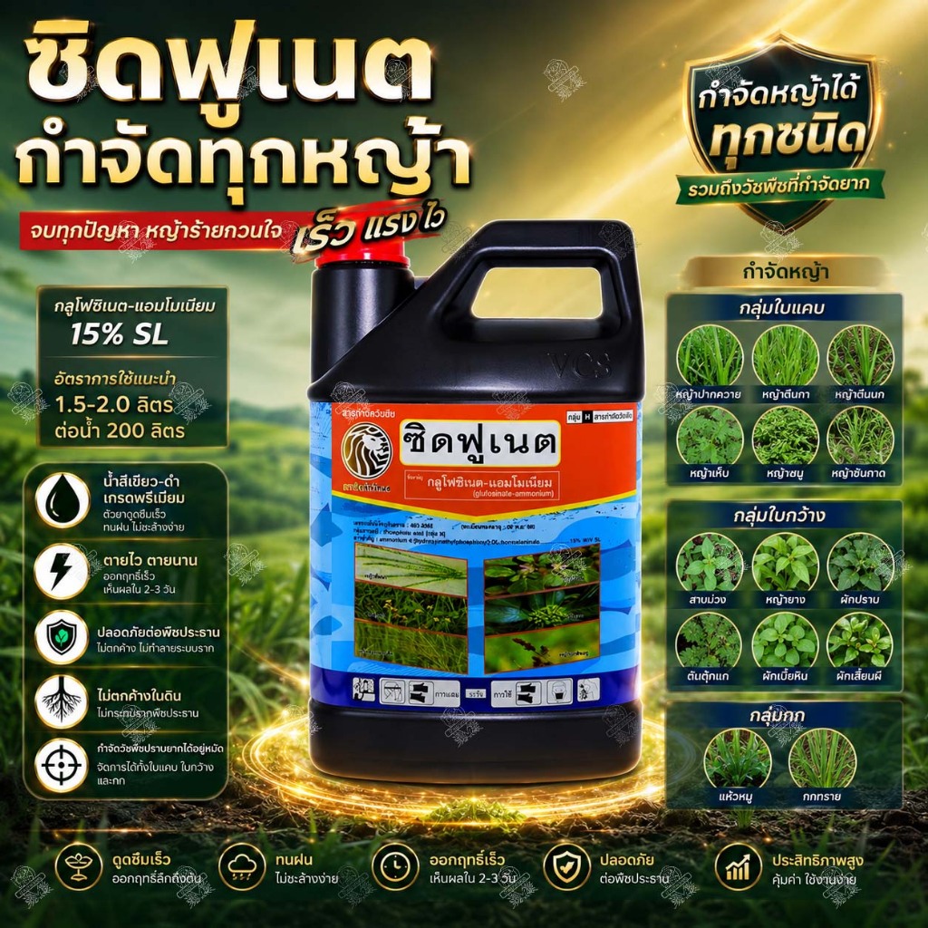 ซิดฟูเนต 4ลิตร (6 แกลลอน) กลูโฟซิเนต แอมโมเนียม ยากำจัดหญ้าทุกชนิด วัชพืช ใบแคบ ใบกว้าง สิงห์ หวีทอง