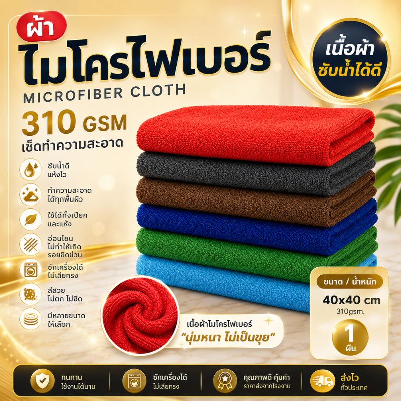 ผ้าไมโครไฟเบอร์ ผ้าเช็ดรถยนต์ โต๊ะ กระจก ขนาด 40x40 ซม. หนา 310 แกรม