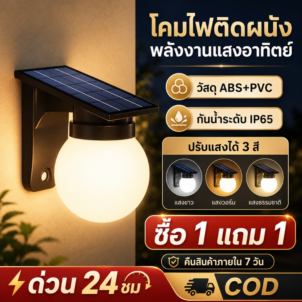 【รับประกัน 30 ปี】โคมไฟติดผนัง หลอดไฟ ไฟโซล่าเซลล์ติดผนัง โคมไฟติดผนังโซล่าเซลล์ เปิดได้ 3 แสง ระบบสว่างค้าง กันน้ำกันฝน
