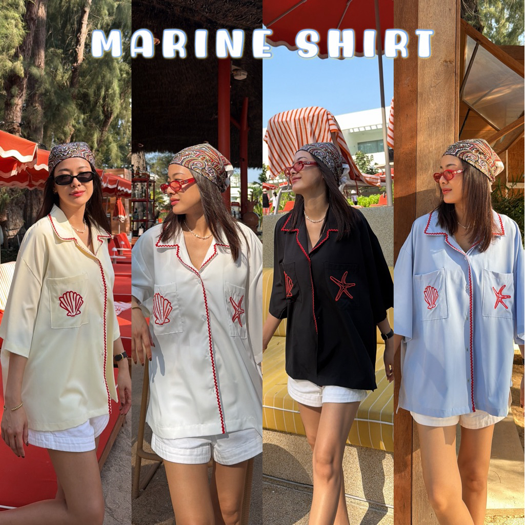 รุ่นใหม่ 🦞 𝗠𝗔𝗥𝗜𝗡𝗘 𝗦𝗛𝗜𝗥𝗧 เสื้อเชิ้ตปักรูปปลาดาว& เปลือกหอย ที่กระเป๋า2ข้าง ทรงโอเวอร์ไซส์ อกหน้าผ้า50“
