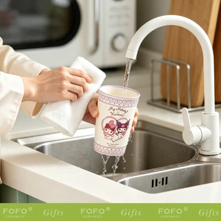 FOFO แก้ว เซรามิก พร้อมฝาปิด Kuromi&Melody Sanrio ลิขสิทธิ์แท้ 450ml ป้องกันฝุ่นและไม่หกง่าย