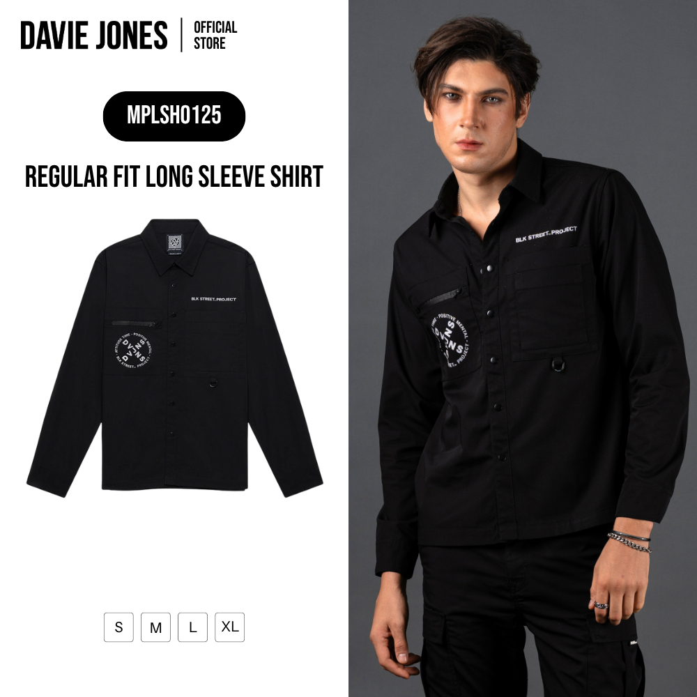 DAVIE JONES [BLK STREET] เสื้อเชิ้ตแขนยาวผู้ชาย Regular fit Long Sleeve Shirt  สีดำ SH0125