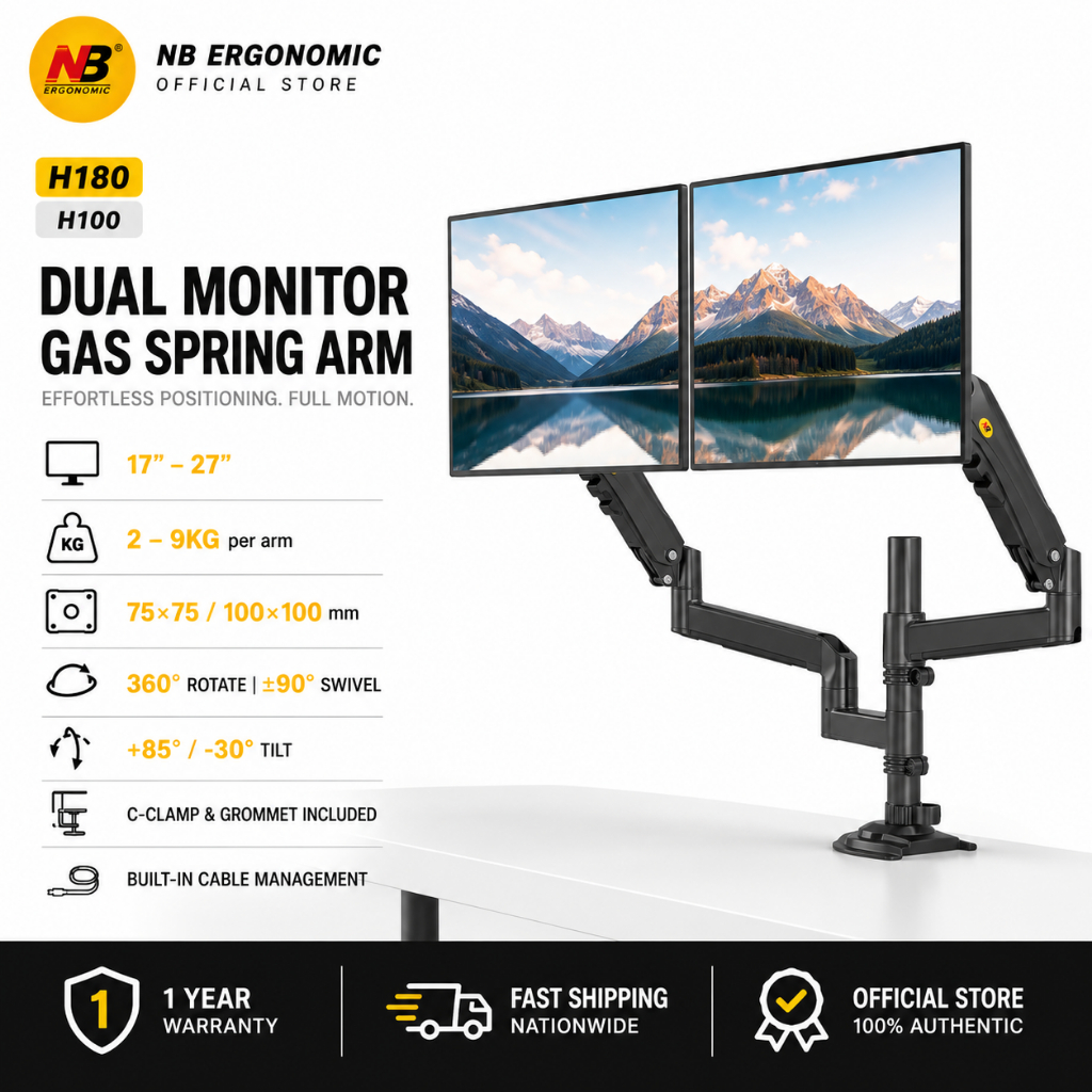NB Ergonomic H100/H180 แขนจับจอ Gas Spring Monitor Arm 17-27" ขาจับจอ สปริง VESA 75/100mm Single/Dual 2-9kg Full Motion
