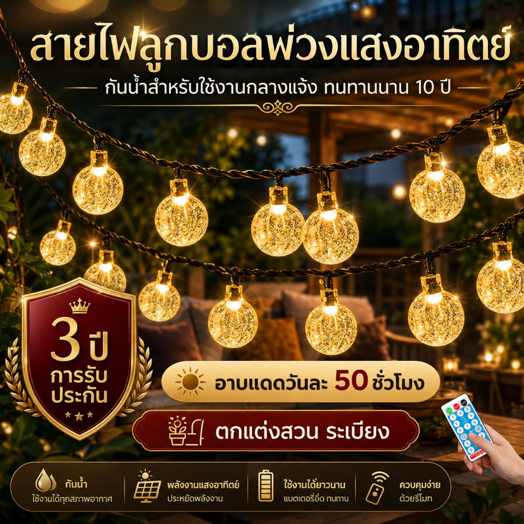 🎄จัดส่งฟรี🎄ไฟปิงปองโซล่าเซลล์ 20/50/100 LED ลูกแก้ว 10 ม. ไฟคริสต์มาส ปีใหม่ แต่งสวน กลางแจ้ง กันน้ำ ประหยัดไฟ
