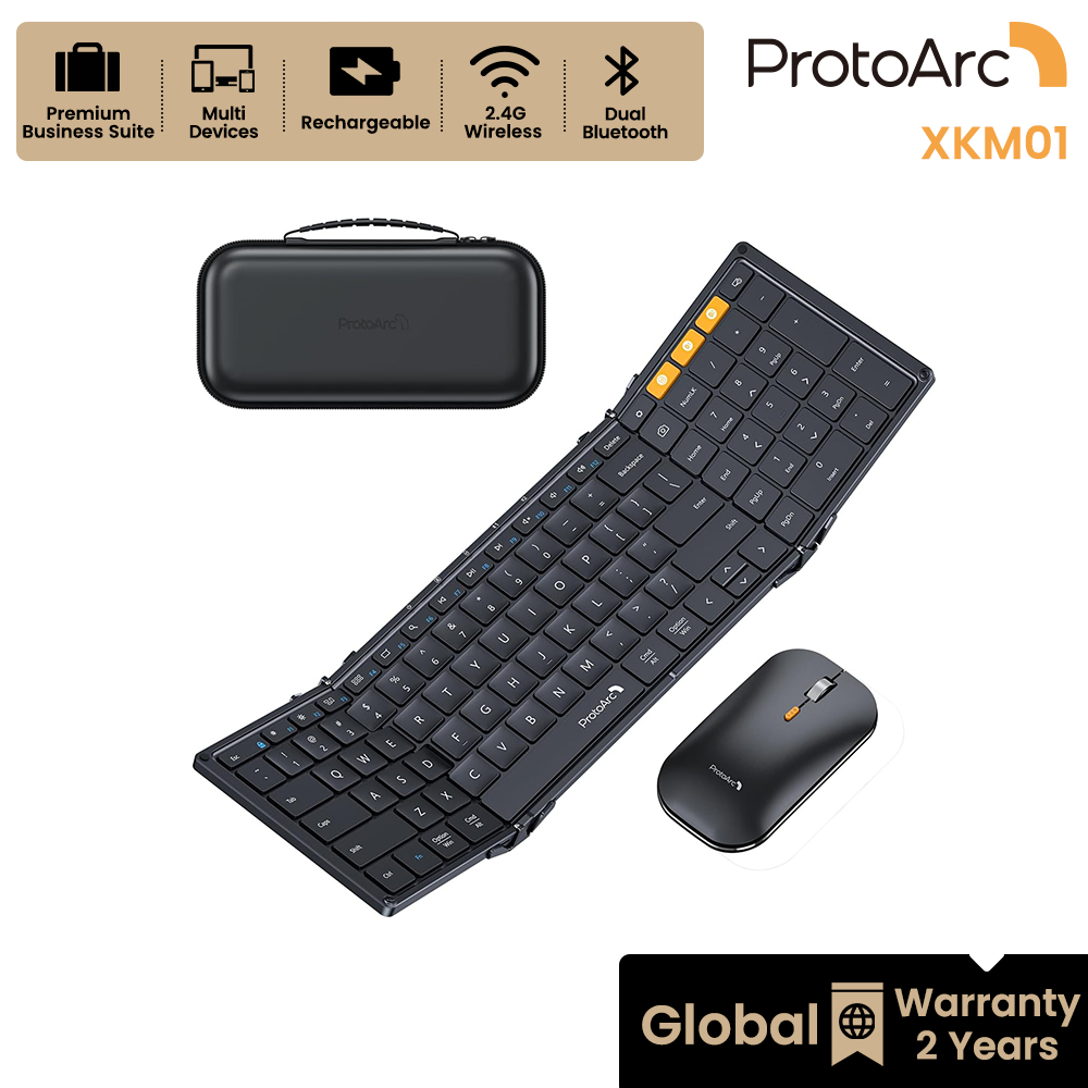 ProtoArc XKM01 คีย์บอร์ดและเมาส์พับได้ บลูทูธไร้สาย + 2.4G ชาร์จไฟได้ พร้อมกล่องแข็ง สีดำ รับประกัน 2 ปี