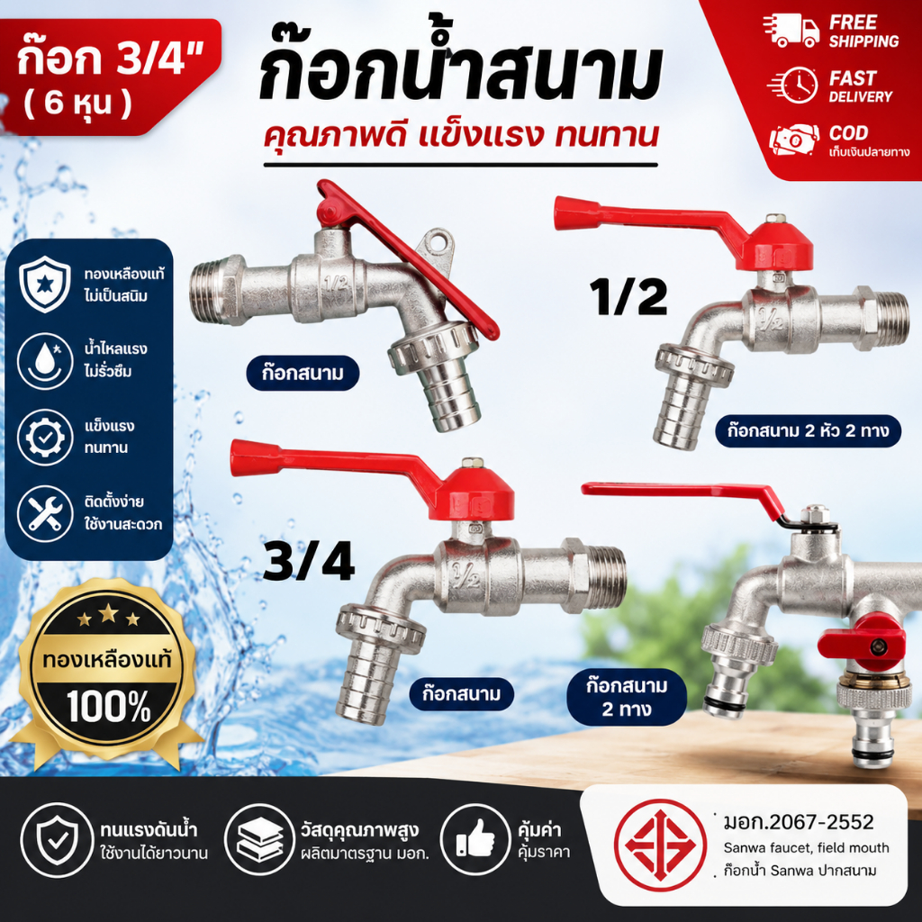 ส่งฟรี ก๊อกบอลสนาม ก๊อกน้ำ 4หุน ก็อกน้ำ 1/2'' ก๊อกด้ามแดง ก๊อกปากสนาม ก๊อกน้ำสวน ก๊อกต่อสายยาง ทนทาน