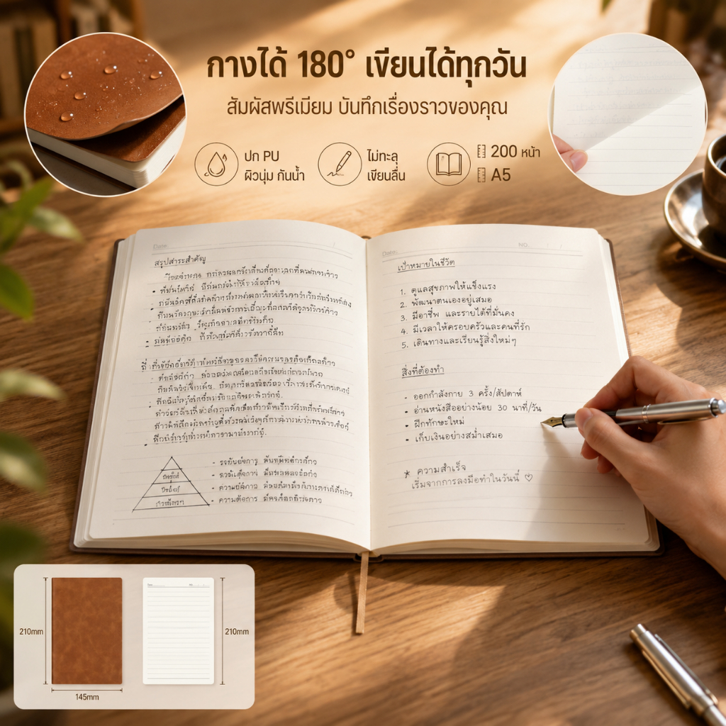 สมุดบันทึกหนังพรีเมียม A5 สมุดโน้ตปกแข็ง เรียบหรูสไตล์ธุรกิจ กระดาษถนอมสายตา เขียนลื่นไม่ซึม เหมาะสำหรับเป็นของขวัญ