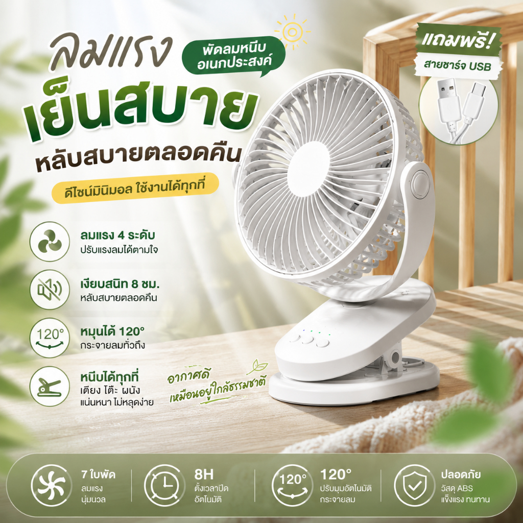 พัดลมพกพา พัดลม เป่าได้ 6 ชม 10000mAh มีไฟ ลมแรง 4 ระดับ คลิปหนีบ ตั้งโต๊ะ