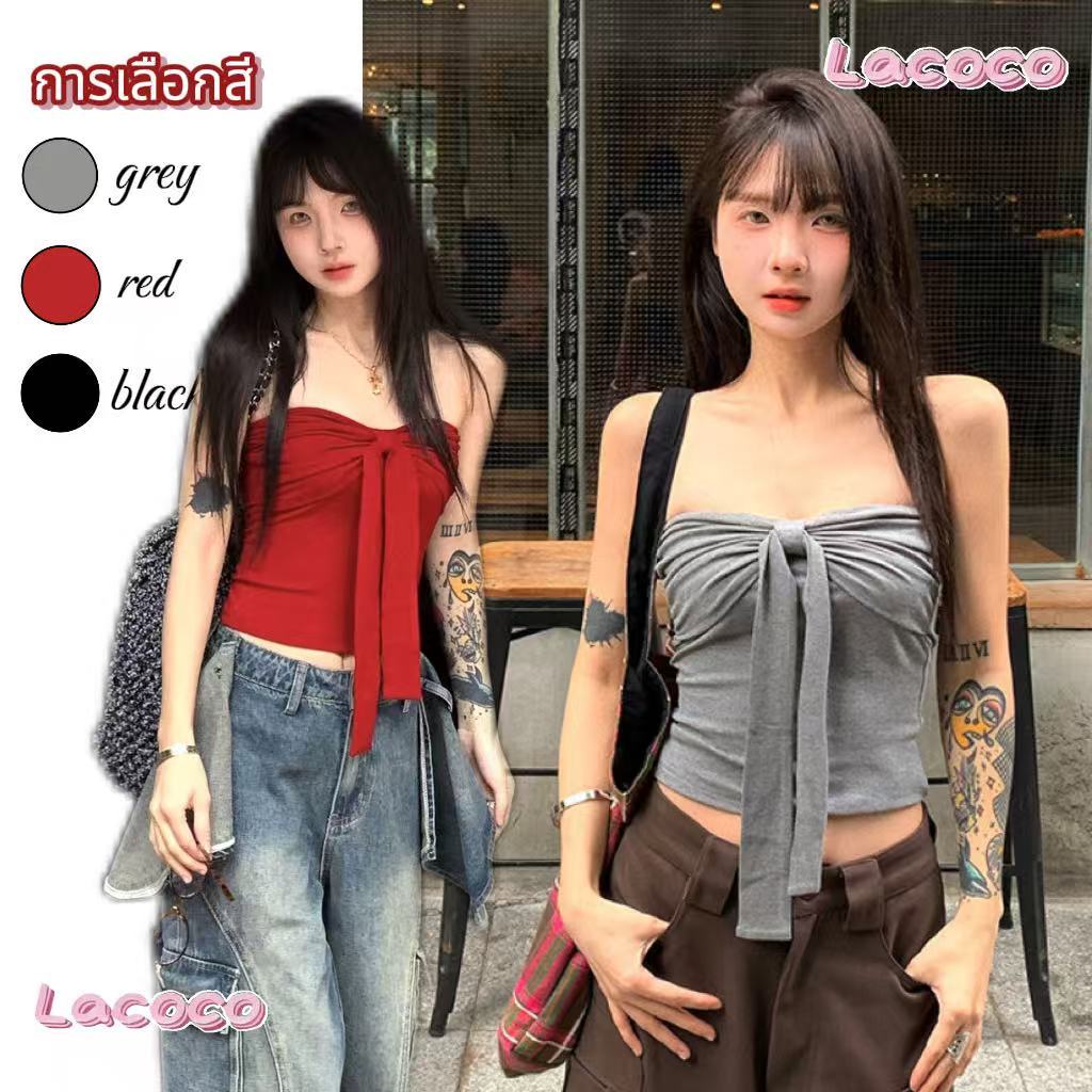 Lacoco🍓คลังสินค้าพร้อม🍓เสื้อกล้ามเกาะอกแขนกุดผูกโบว์หวานๆ สำหรับผู้หญิงในฤดูร้อน