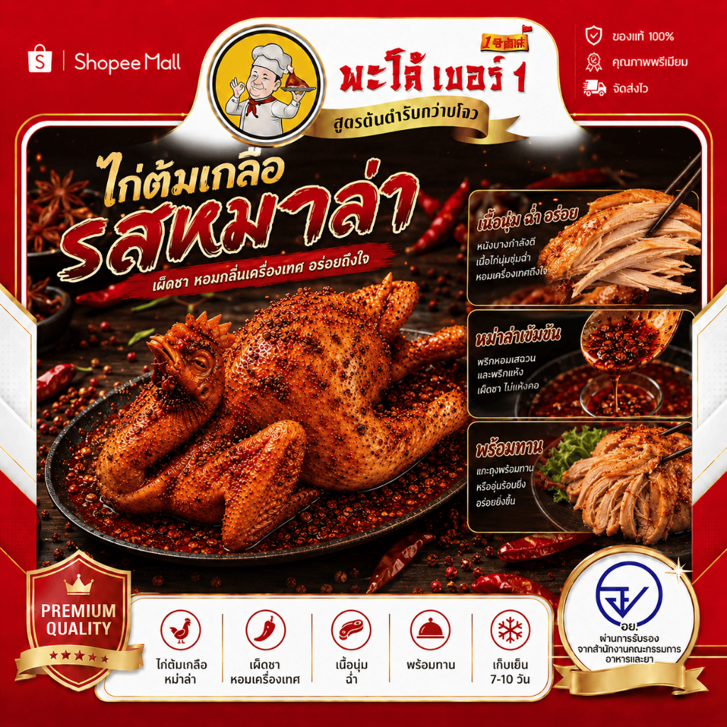 พะโล้ เบอร์ 1 ไก่ต้มเกลือรสหม่าล่า หนังกรอบหอมเครื่องเทศ เผ็ดชาลิ้น อร่อยเข้มข้นพร้อมทาน