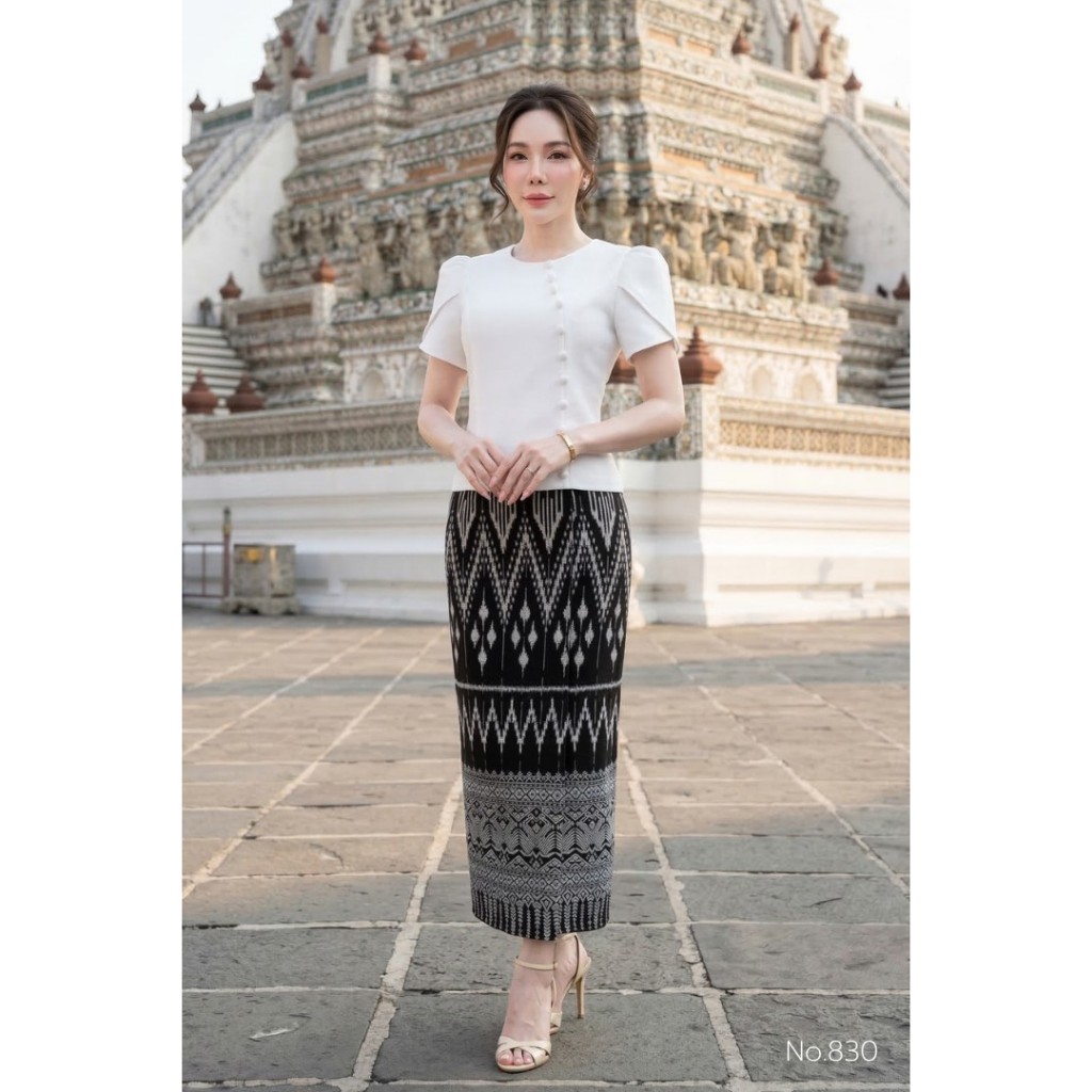 KS830 เซตผ้าถุง เสื้อลิซ่า คอกลม แขนกลีบบัว ซิปซ่อนหลัง กระโปรงผ้าทอ ซิปซ่อนข้าง ผ่าหน้า งานอัดกาวทั้งชุด (S-2XL)