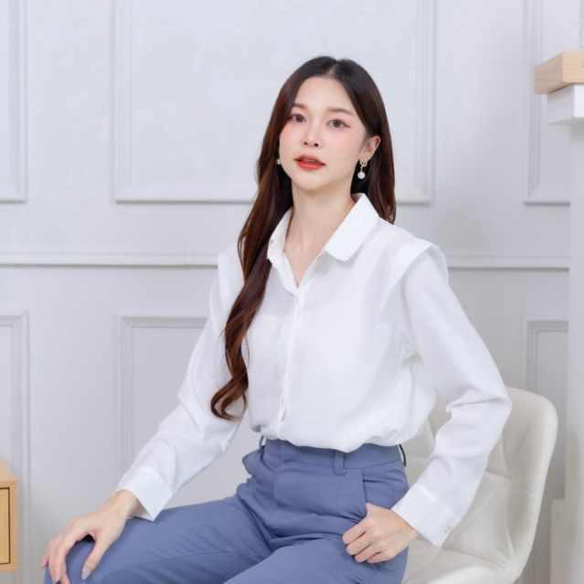 🚀มีส่งด่วน!!💥🇹🇭เสื้อปกเชิ้ตเเขนยาวเเต่งไหล่ เแขนยาวผู้หญิง #L154SHOP_434