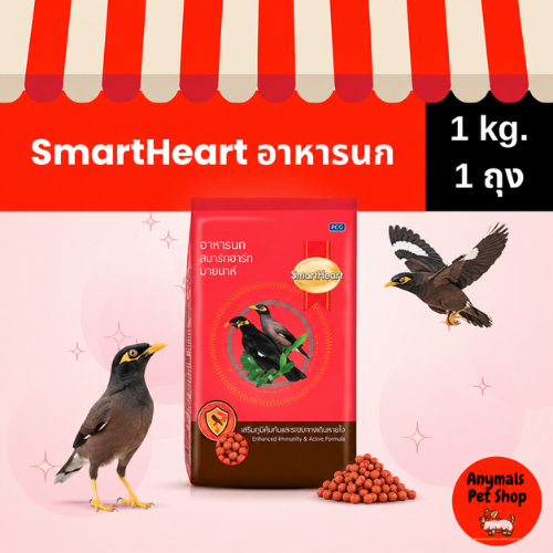 (ขนาด 1 kg.) SmartHeart อาหารนกขุนทอง นกเอี้ยง สูตรขนสวยเงางาม
