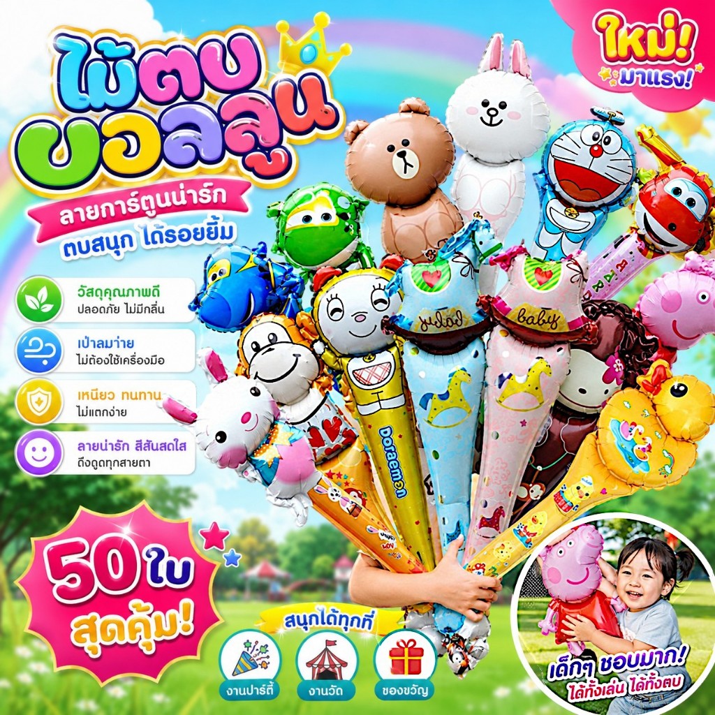 ลูกโป่งฟรอย กระบอง ลายปาร์ตูน50ใบ เซ็ทแจกความสุขให้คนพิเศษในทุกโอกาส 🎁✨