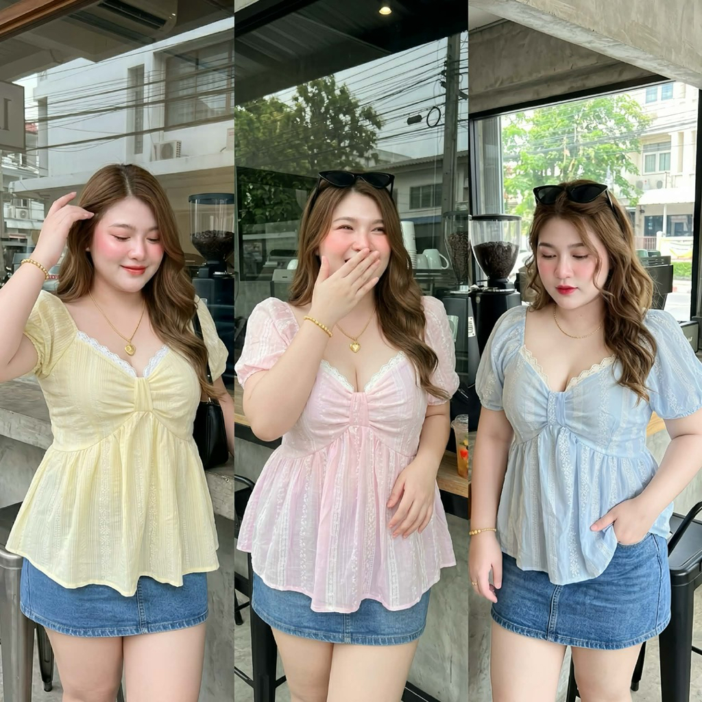 เสื้อแต่งลูกไม้ ดีเทลระบายช่วงเอวใส่ปิดพุงพรางหุ่น ไซส์สาวอวบอ้วน