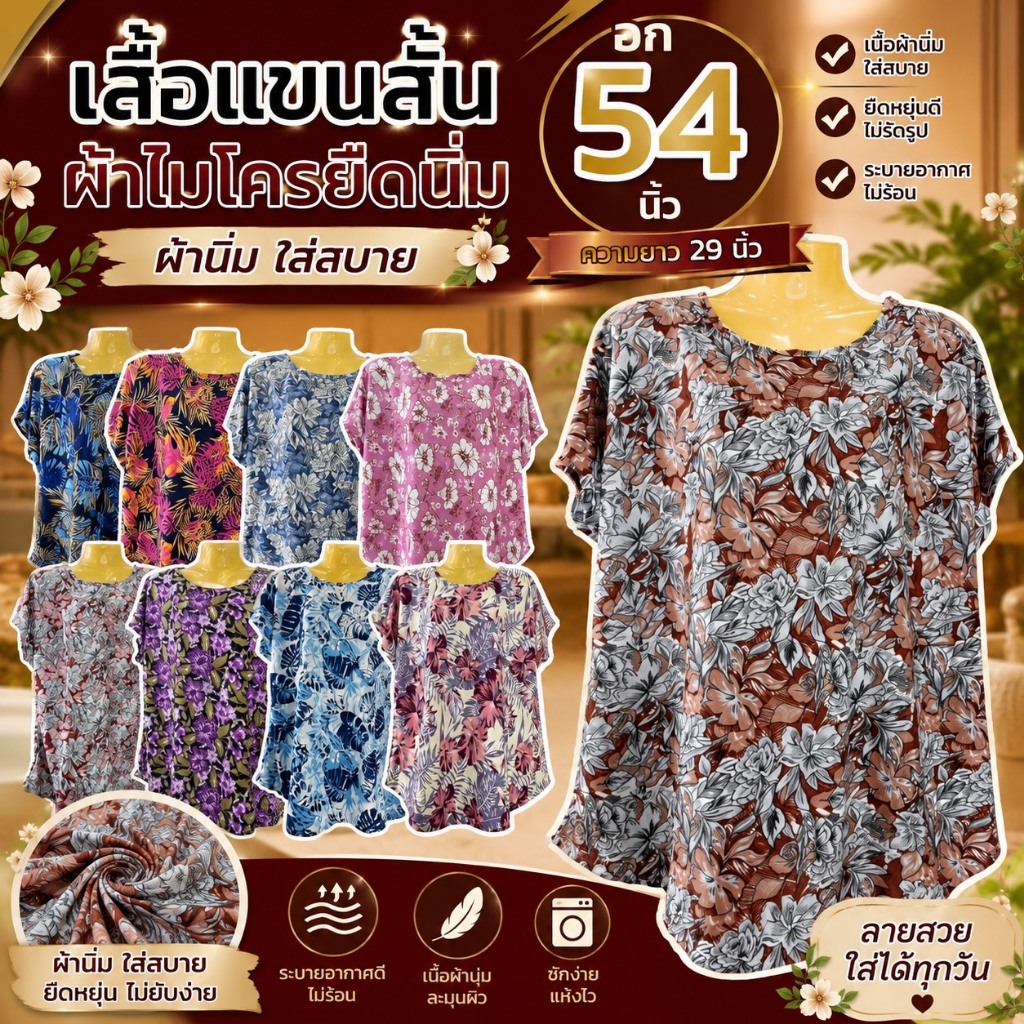 เสื้อแขนสั้น ผ้านุ่มนิ่ม ใส่สบาย ไม่ร้อน ฟรีไซส์ เสื้อคุณแม่ คนแก่ ผู้หญิง ผ้าไมโครยืดนิ่ม B13