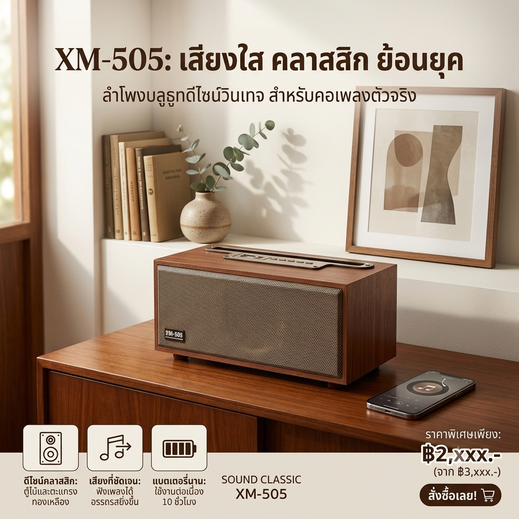ลำโพงบลูทูธลายไม้ XM-505 ดีไซน์วินเทจ มินิมอล พลังเสียง Hi-Fi  รองรับ Bluetooth/USB /AUX /TF Card