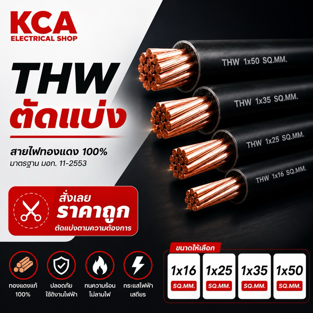 สายไฟตัดแบ่ง 1 เมตร THW 16/ 25 / 35/ 50 sq.mm. สายเเข็งแกนเดี่ยวทองแดง