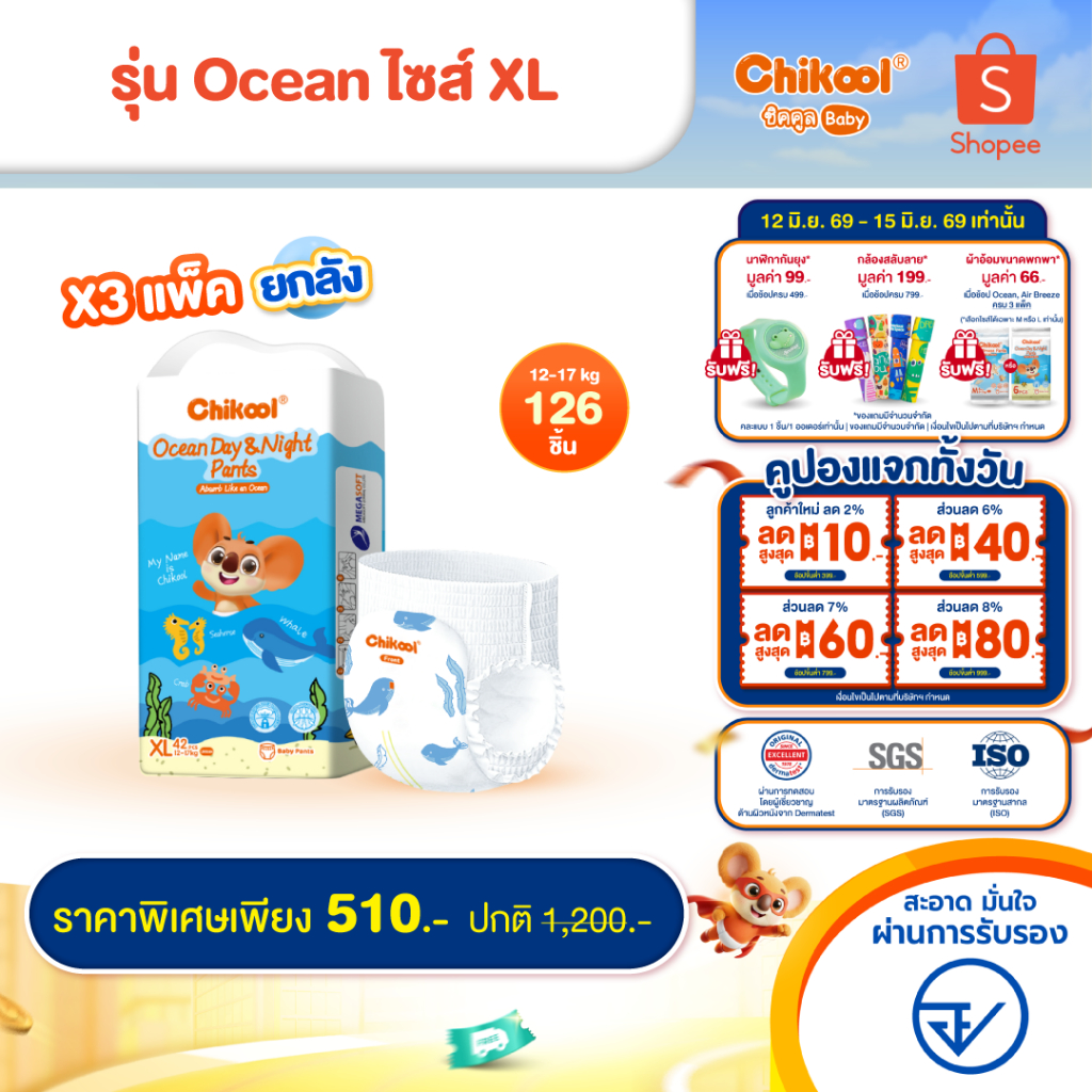 [ขายยกลัง x3 แพ็ค] Chikool Ocean Day&Night Pants ชิคคูล กางเกงผ้าอ้อมเด็ก โอเชียน เดย์&ไนท์ ไซส์ XL