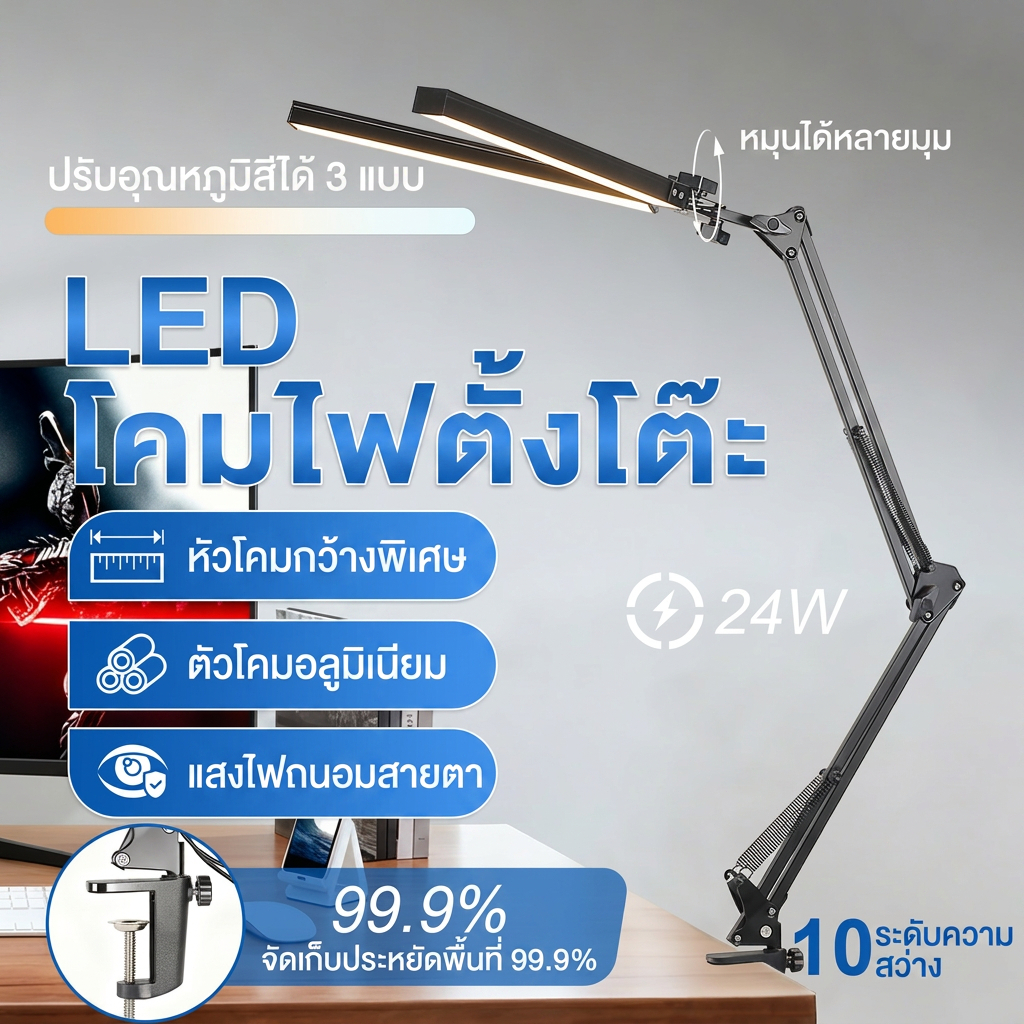 โคมไฟตั้งโต๊ะ LED ปรับแสงได้ 3 สี สีดำ พับได้ สองหัว 24W แบบหนีบโต๊ะ พอร์ต USB สำหรับอ่านหนังสือ