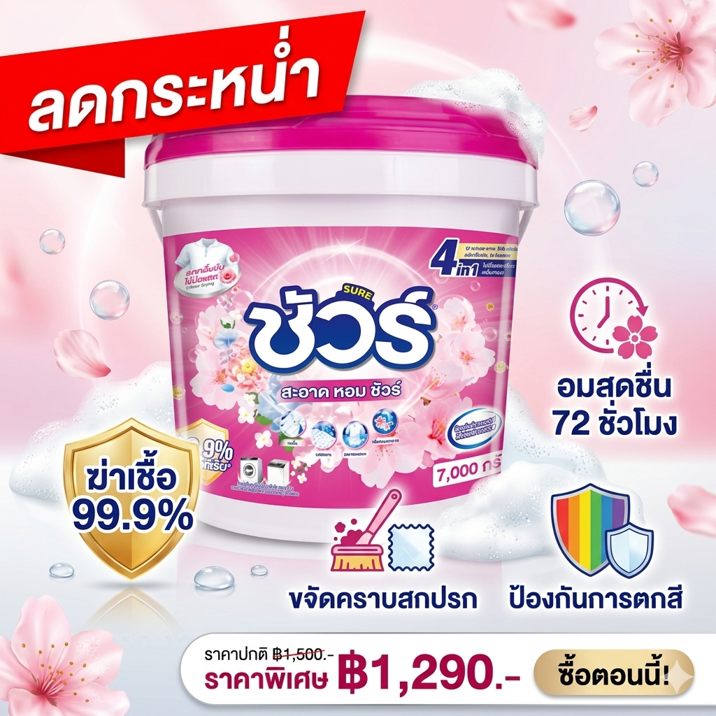SURE 4in1 ผงซักฟอก ชัวร์ 7kg  ฆ่าเชื้อ 99.9%➕ขจัดคราบสกปรก➕อมสดชื่น 72 ชั่วโมง➕ ป้องกันการตกสีห