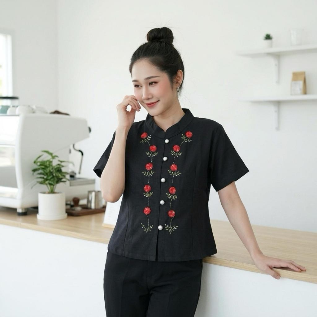 เสื้อผ้าฝ้ายงานปักมือ ปักดอกเดซี่ แต่งกระดุมมุก Handmade