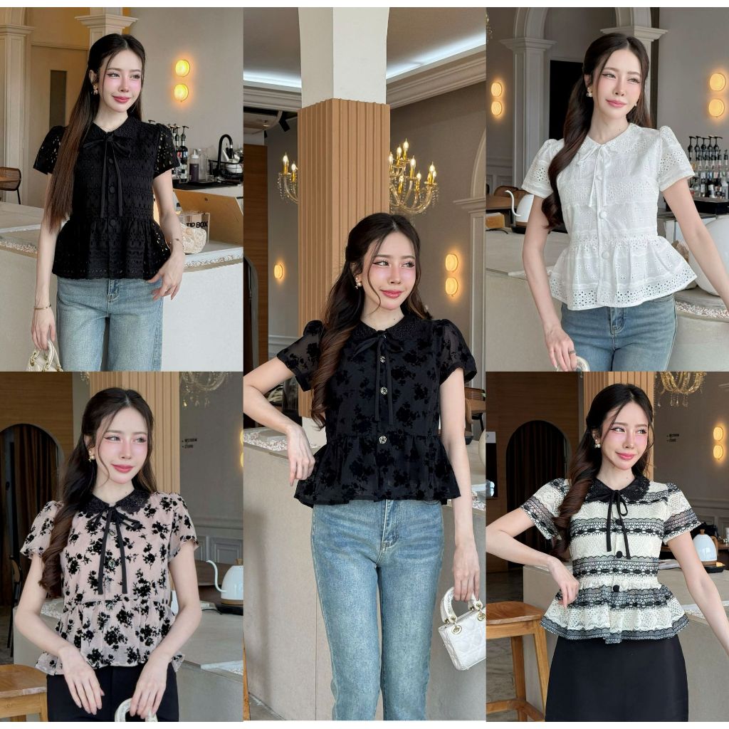 [S-XXL] เสื้อลูกไม้ระบายชายคอปกลุกไม้ถักผ้าฉลุดอกไม้สวย