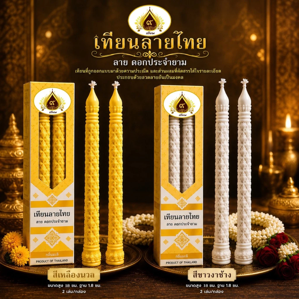 เทียนลายไทย ลายดอกประจำยาม เทียนบูชา เทียนไหว้พระ (ใหม่ล่าสุด)