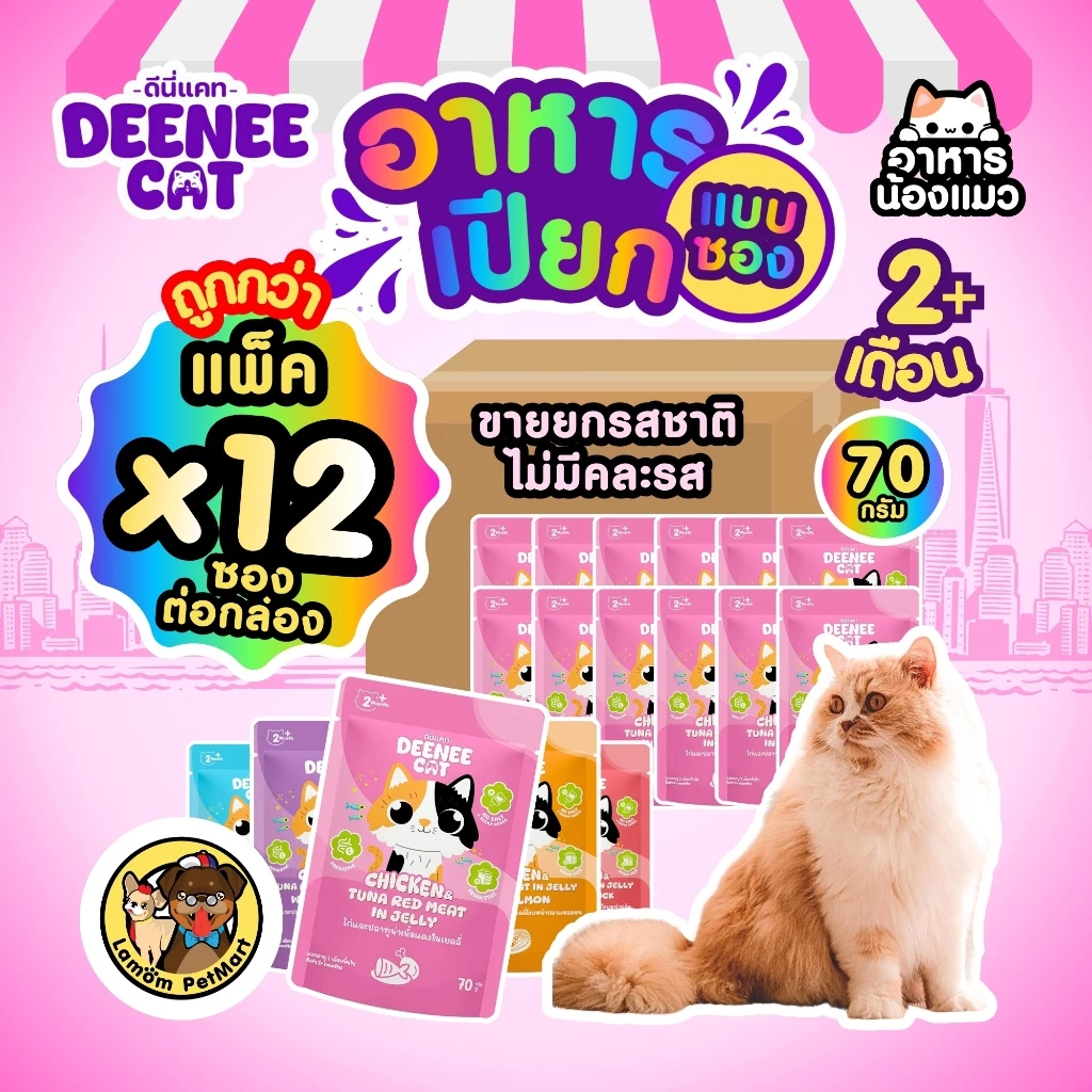 (ขายยกกล่อง 12 ซอง) Deenee Cat อาหารเปียกแมวแบบซอง 5 รสในเยลลี่ ไม่เติมเกลือ ดีต่อลำไส้ ราคาประหยัด