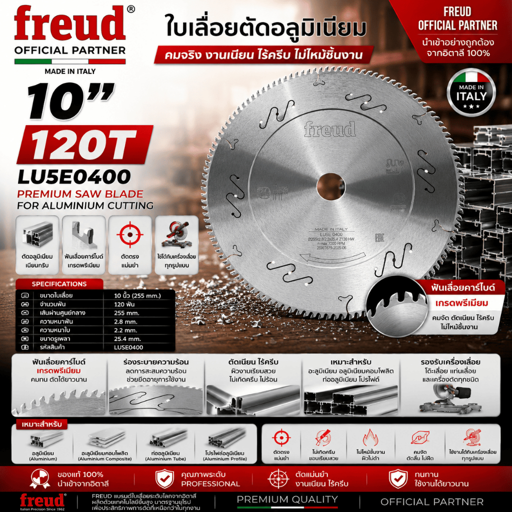FREUD ใบเลื่อย ตัดอลูมิเนียม รุ่น LU5E0400(แผ่นสีเงิน) ขนาด 10 นิ้ว 120 ฟัน ขอแท้จากอิตาลี