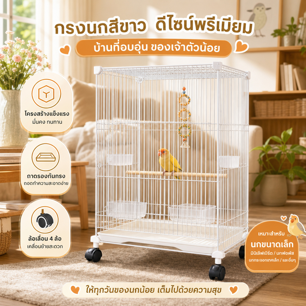 กรงนกใช้งานง่าย แข็งแรง ถอดล้างได้ มีล้อเลื่อน