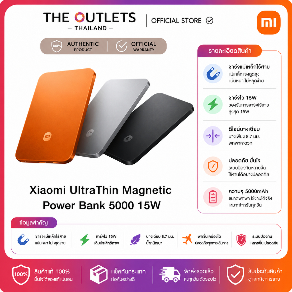 Xiaomi UltraThin Magnetic Power Bank 5000 15w เสี่ยวมี่ พาวเวอร์แบงแม่เหล็ก ดีไซน์บางเฉียบ