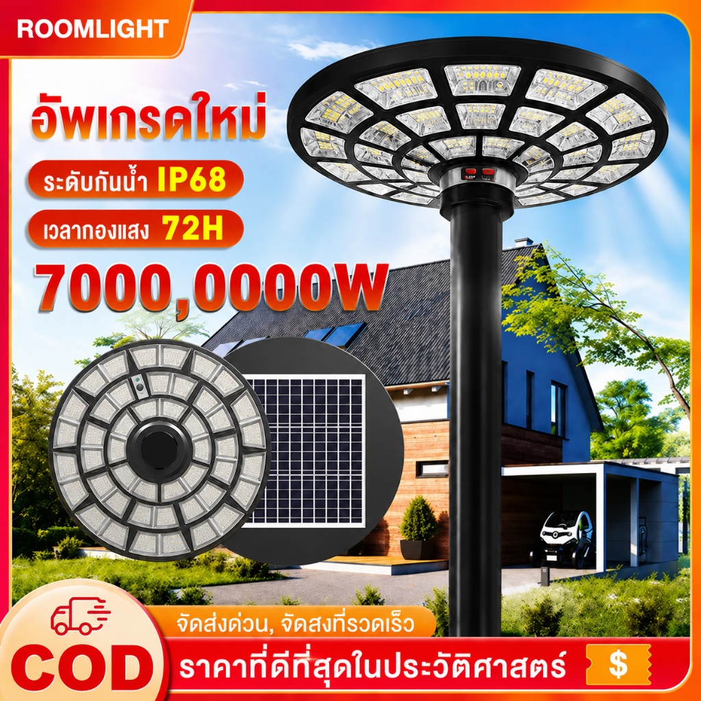 ไฟโซล่าเซลล์ UFO ไฟถนน Solar Light ไฟถนนยูเอฟโอ 7000,0000W ไฟถนน LED โซล่าเซลล์ ไฟแสงอาทิตย์ แสงสีขาว โคมไฟถนน