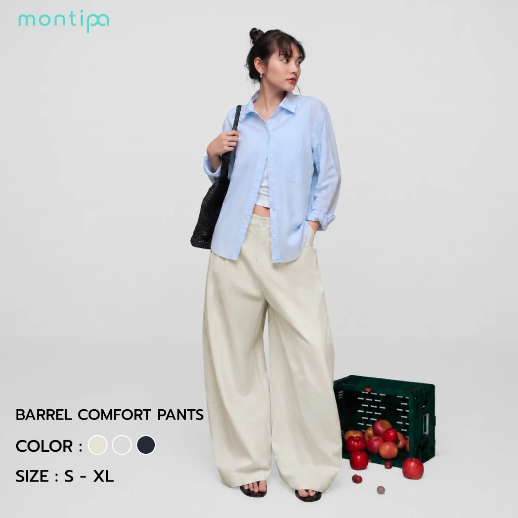 Montipa Barrel Comfort Pants กางเกงทรงบาร์เรลเอวสูง กระดุมซิปหน้า ผ้า Comfort PFC009