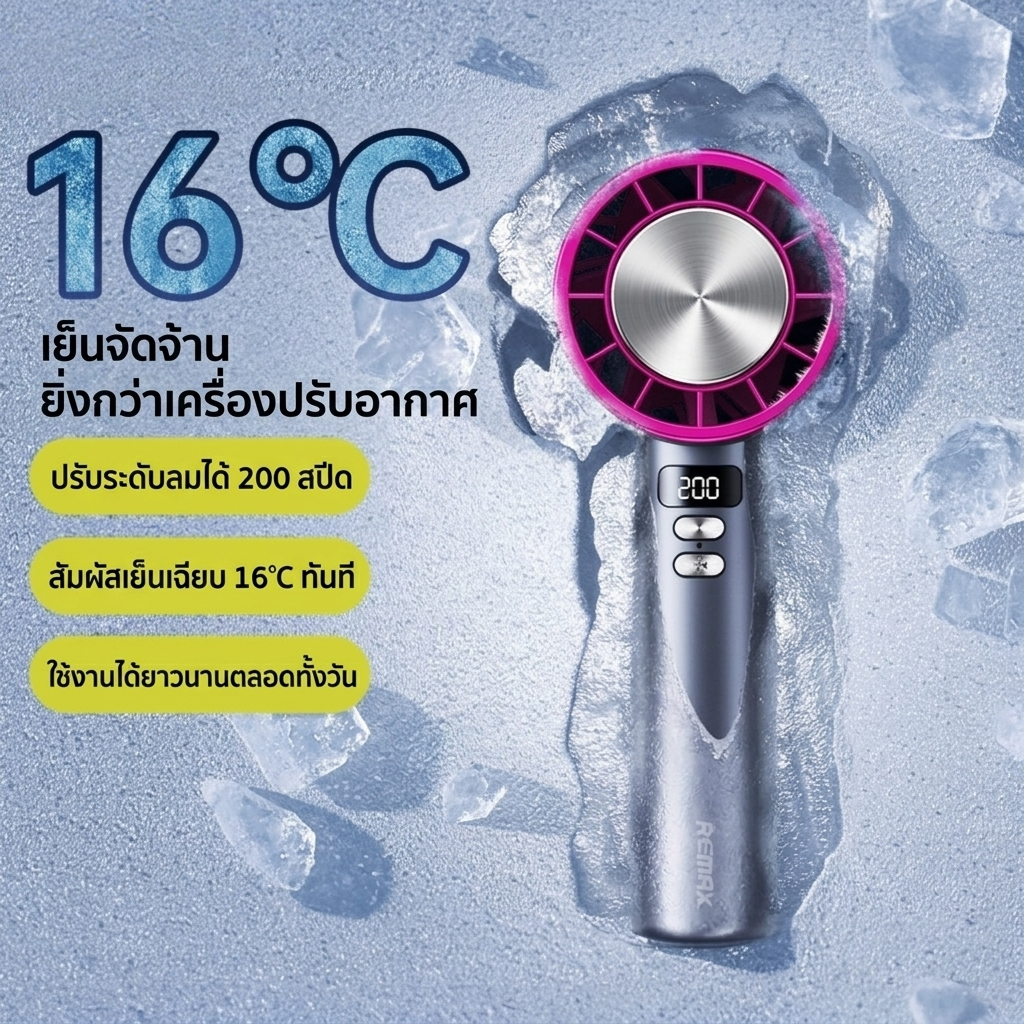 REMAX Fan High speed Handheld SF12 มีจอ LED ชาร์จ Type-C พัดลมพกพา ปรับแรงลม 200 ระดับ มีแผ่นทำความเย็นในตัว