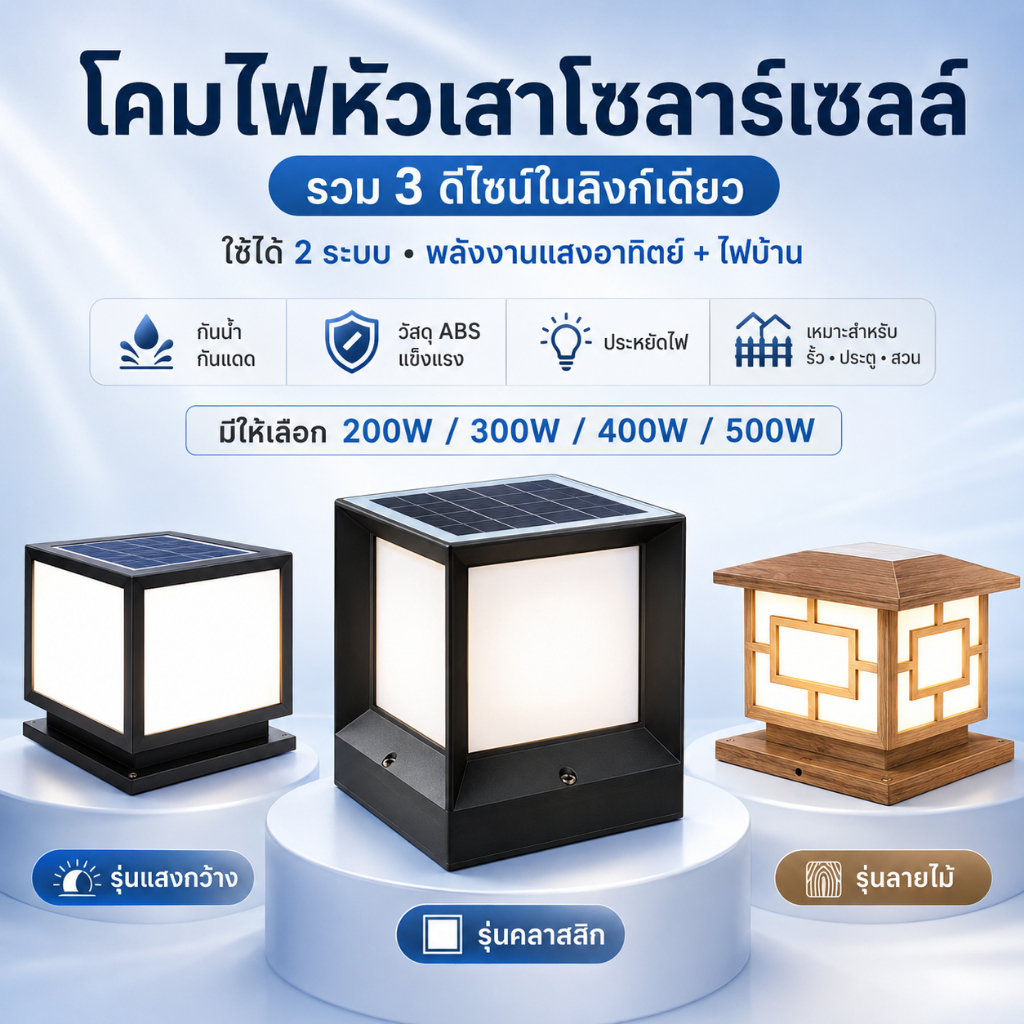 โคมไฟหัวเสา โคมไฟโซลาร์เซลล์ LED กันน้ำ โคมไฟรั้ว โคมไฟสวน ไฟหัวเสาใช้ภายนอก พลังงานแสงอาทิตย์ 200W 300W 400W 500W