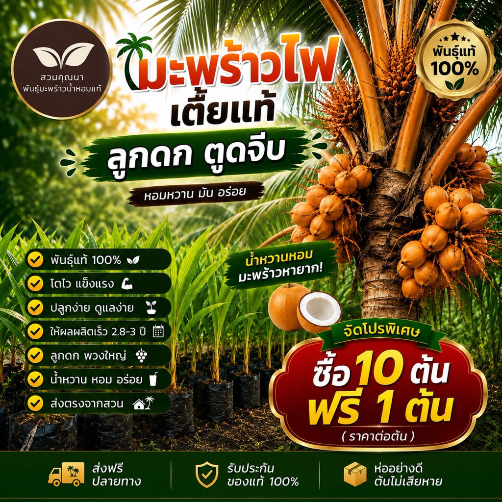10 ต้นแถม 1 ต้น (ต้นละ 80.-) มะพร้าวไฟต้นเตี้ย ตูดจีบ สายพันธุ์บ้านแพ้ว อัมพวา ดำเนิน ส่งตรงจากสวน สายพันธุ์หายากมาก